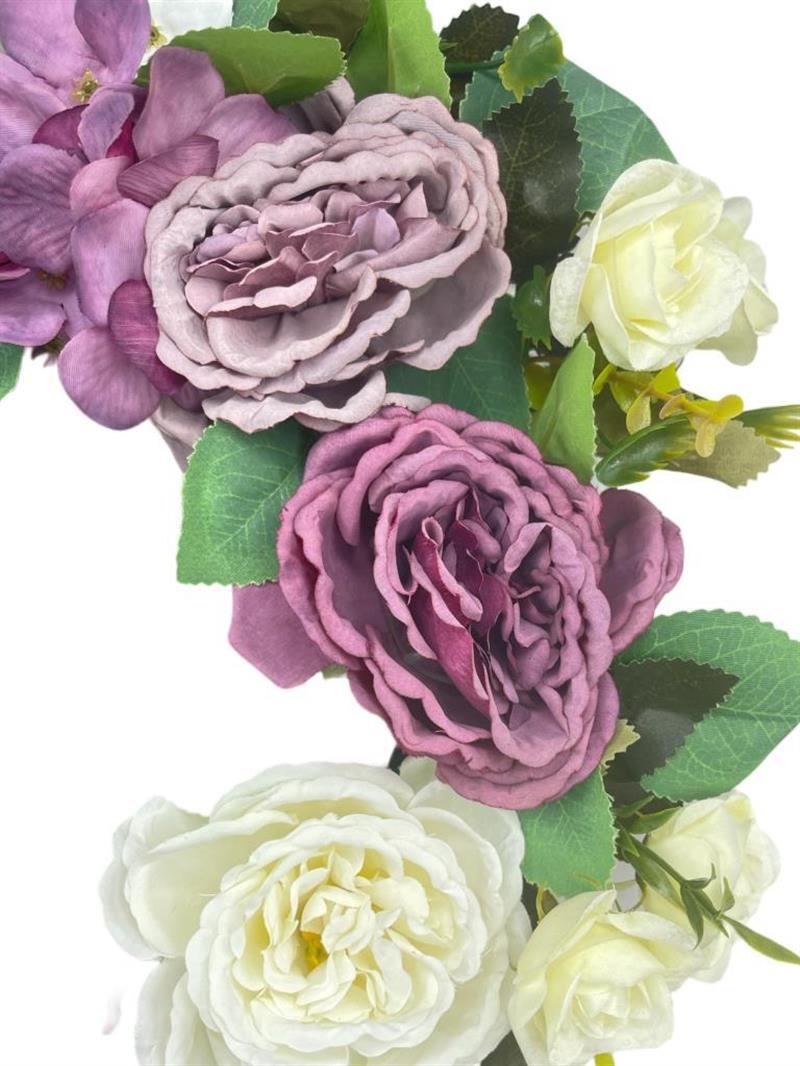 Yapay Çiçek Kapı Süsü Pastel Mor Beyaz Şakayık Güllü Yılbaşı Kapı Çelengi