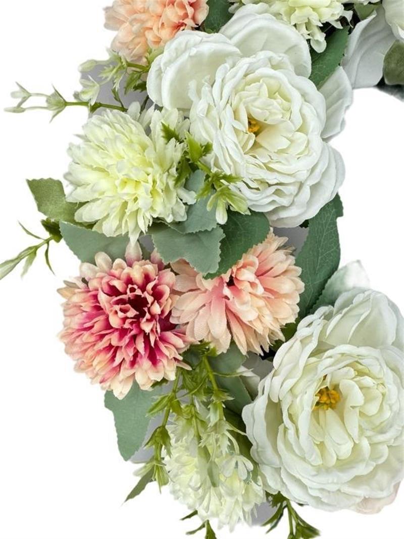 Yapay Çiçek Kapı Süsü Pembe Beyaz Krizantem Şakayık Yılbaşı Kapı Çelengi