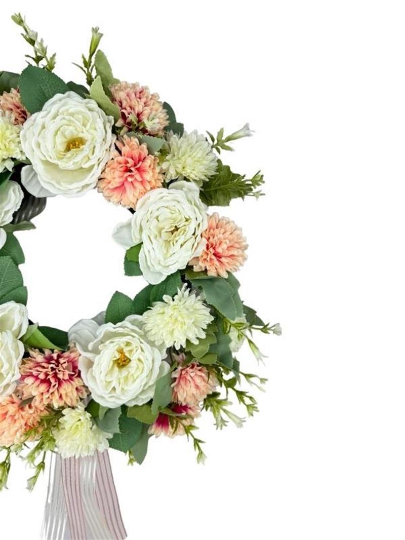 Yapay Çiçek Kapı Süsü Pembe Beyaz Krizantem Şakayık Yılbaşı Kapı Çelengi