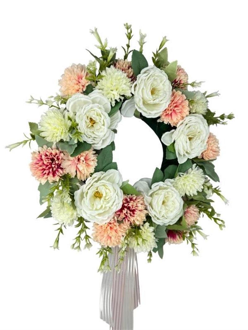 Yapay Çiçek Kapı Süsü Pembe Beyaz Krizantem Şakayık Yılbaşı Kapı Çelengi