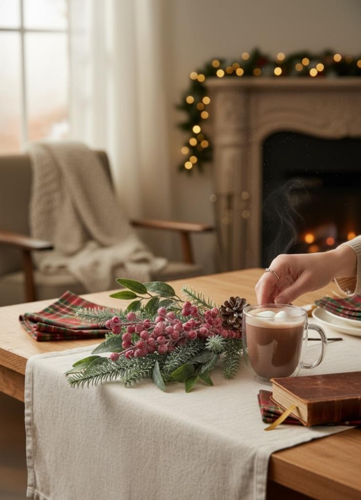 Yapay Çiçek Karlı Kokina ve Çam Dalı Uzun Dal 80cm Yılbaşı Çiçeği Red Berry