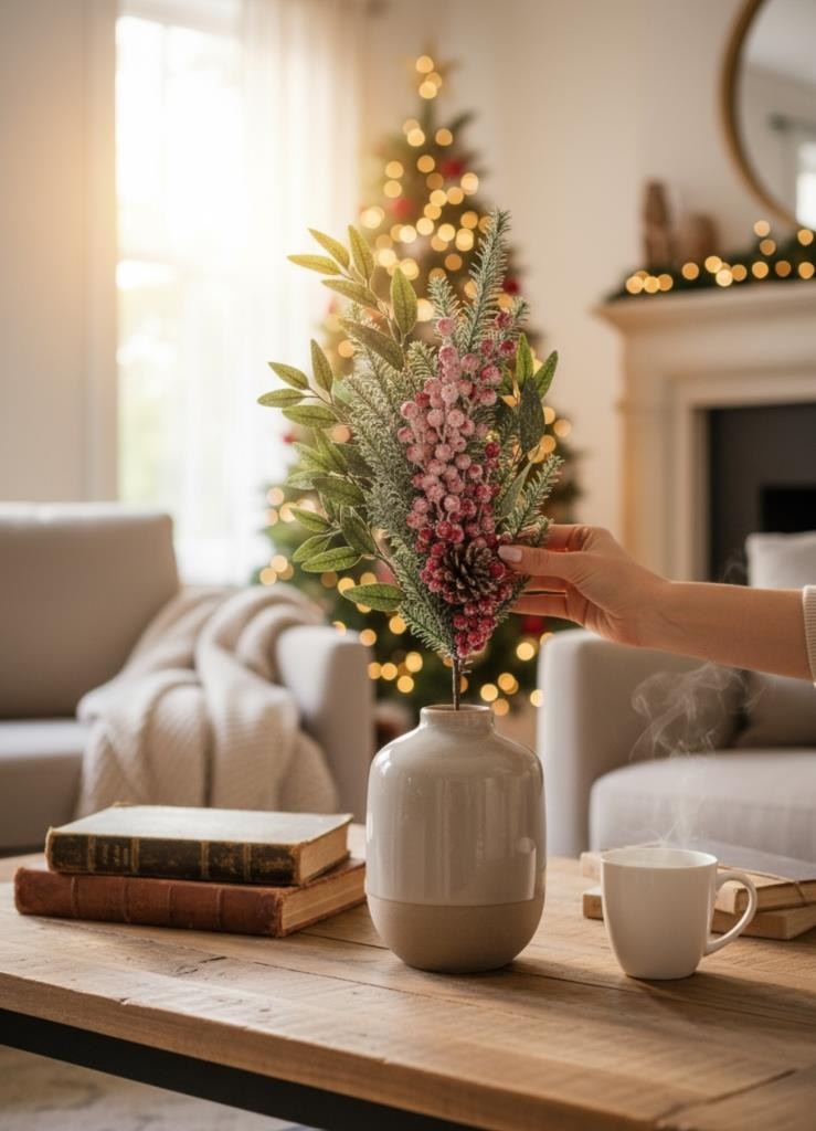 Yapay Çiçek Karlı Kokina ve Çam Dalı Uzun Dal 80cm Yılbaşı Çiçeği Red Berry