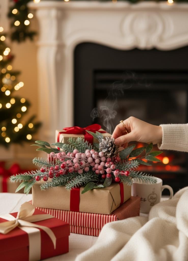 Yapay Çiçek Karlı Kokina ve Çam Dalı Uzun Dal 80cm Yılbaşı Çiçeği Red Berry