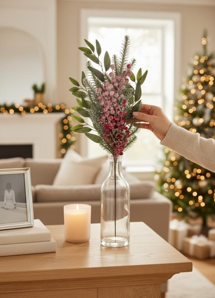 Yapay Çiçek Karlı Kokina ve Çam Dalı Uzun Dal 80cm Yılbaşı Çiçeği Red Berry