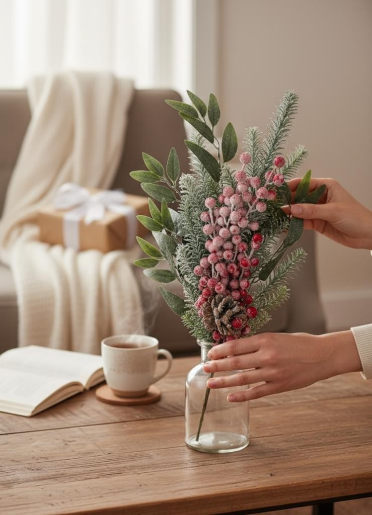Yapay Çiçek Karlı Kokina ve Çam Dalı Uzun Dal 80cm Yılbaşı Çiçeği Red Berry