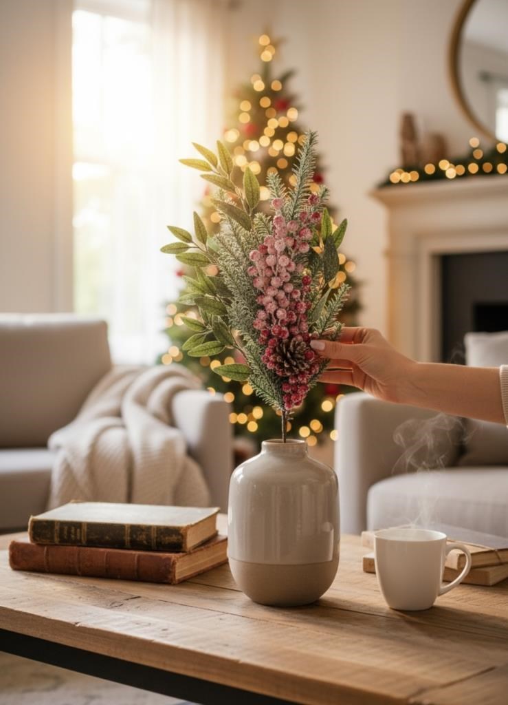 Yapay Çiçek Karlı Kokina ve Çam Dalı Uzun Dal 80cm Yılbaşı Çiçeği Red Berry