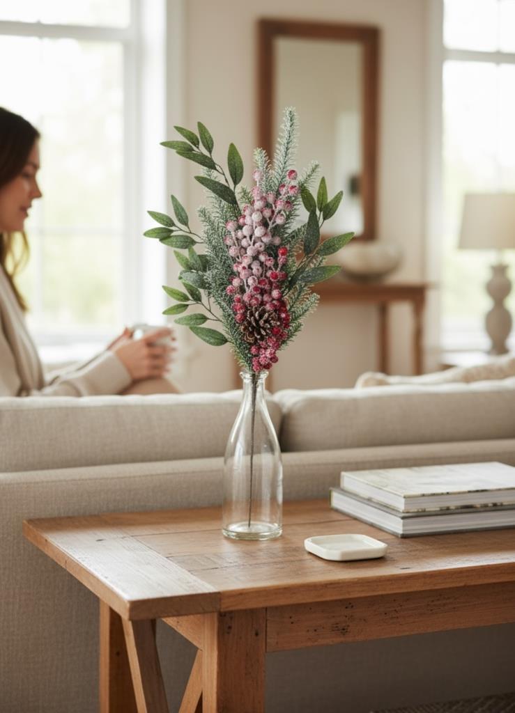 Yapay Çiçek Karlı Kokina ve Çam Dalı Uzun Dal 80cm Yılbaşı Çiçeği Red Berry