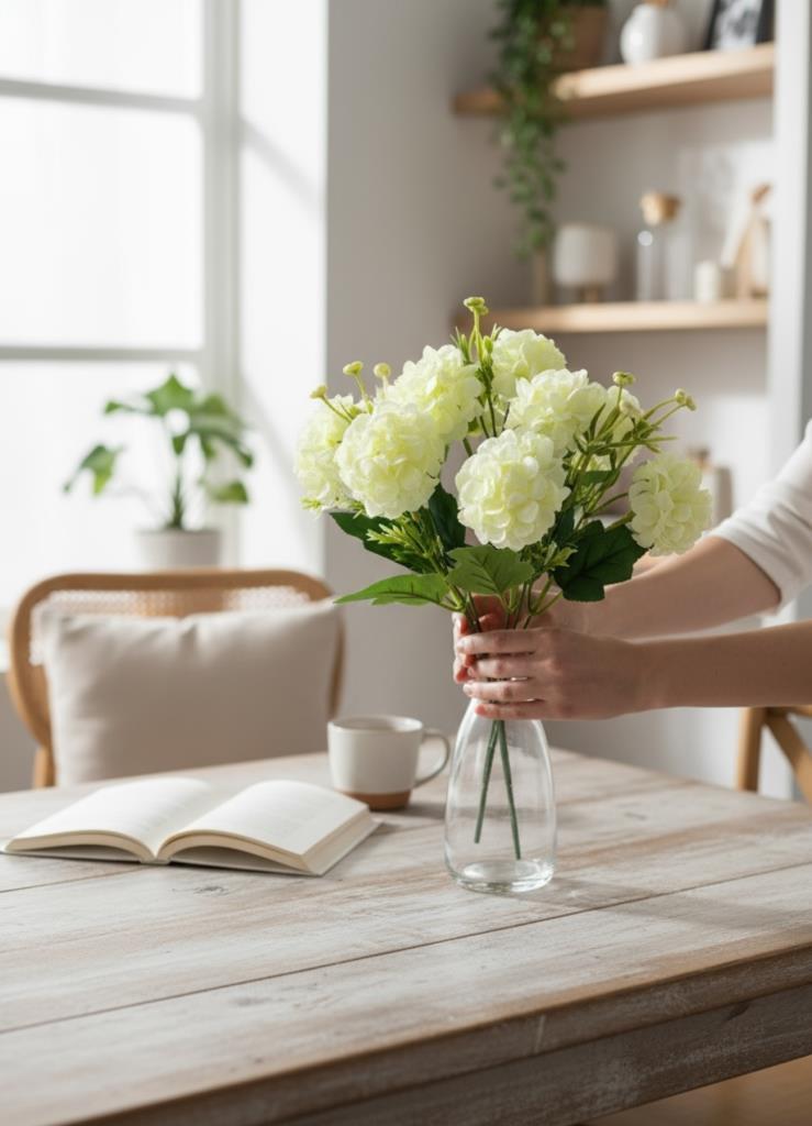 Yapay Çiçek Kartopu Krizantem Beyaz 5Dallı 10toplu Demet 30cm