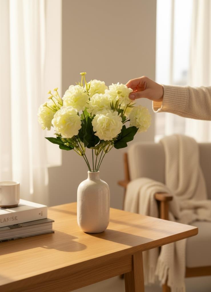 Yapay Çiçek Kartopu Krizantem Beyaz 5Dallı 10toplu Demet 30cm