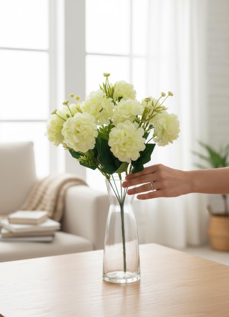 Yapay Çiçek Kartopu Krizantem Beyaz 5Dallı 10toplu Demet 30cm