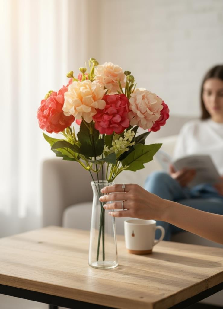 Yapay Çiçek Kartopu Krizantem Fuşya Pembe 5Dallı 10toplu Demet 30cm