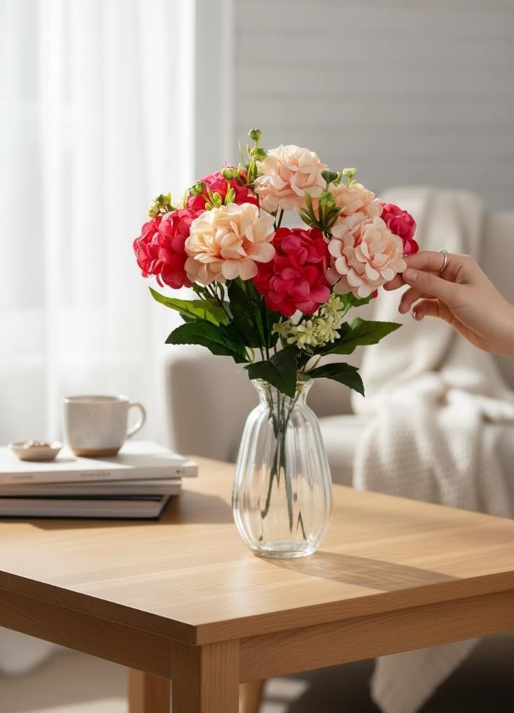 Yapay Çiçek Kartopu Krizantem Fuşya Pembe 5Dallı 10toplu Demet 30cm