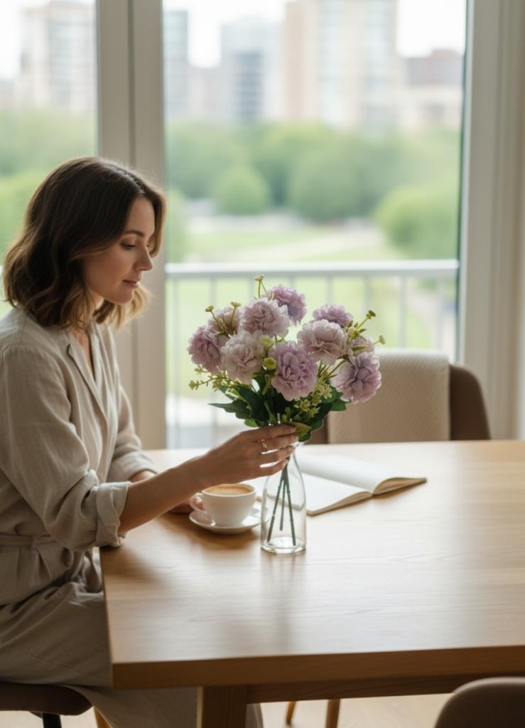 Yapay Çiçek Kartopu Krizantem Lila 5Dallı 10toplu Demet 30cm