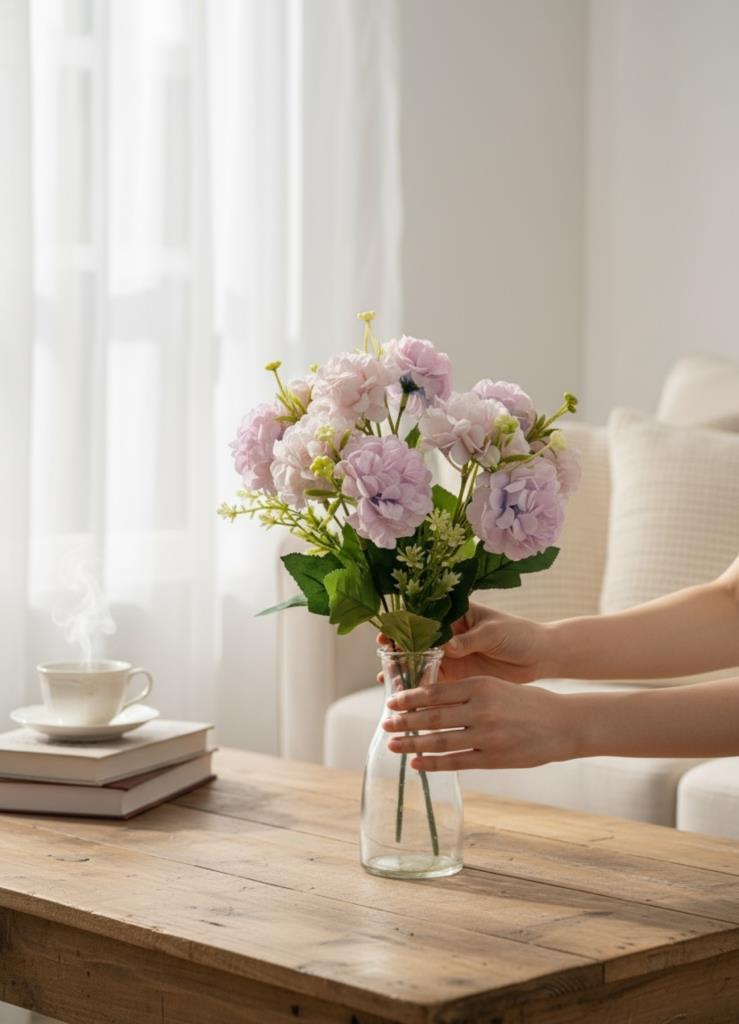 Yapay Çiçek Kartopu Krizantem Lila 5Dallı 10toplu Demet 30cm