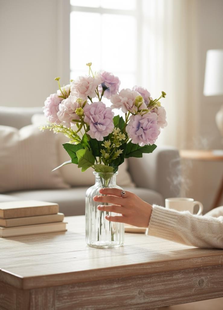 Yapay Çiçek Kartopu Krizantem Lila 5Dallı 10toplu Demet 30cm