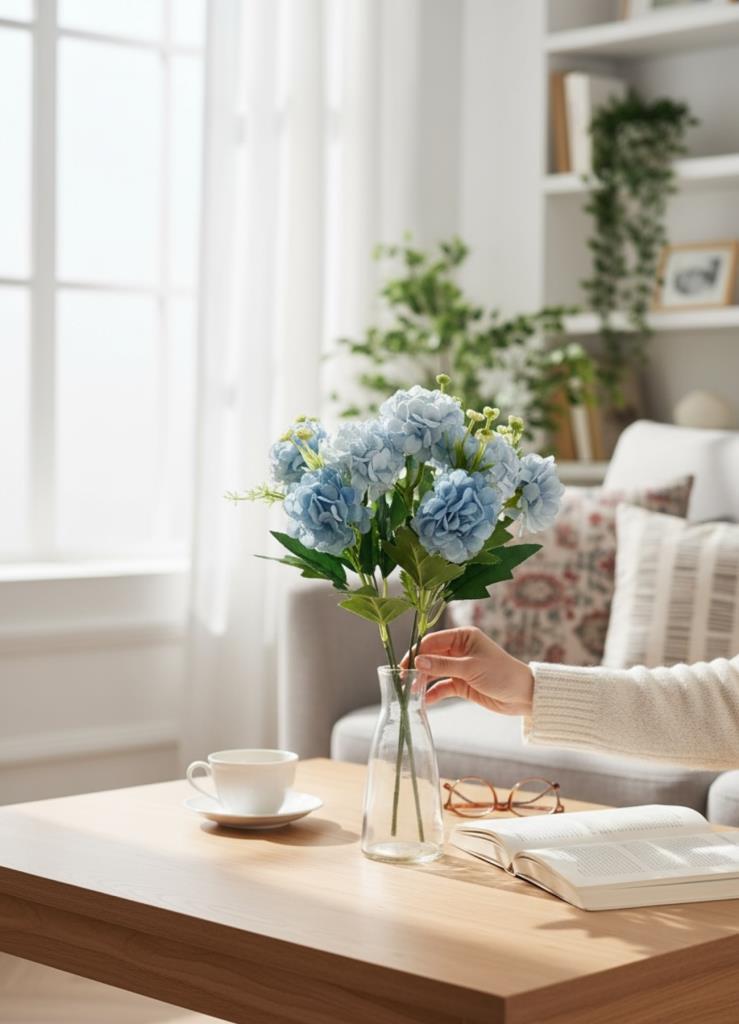 Yapay Çiçek Kartopu Krizantem Mavi Açık 5Dallı 10toplu Demet 30cm