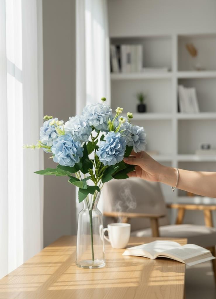 Yapay Çiçek Kartopu Krizantem Mavi Açık 5Dallı 10toplu Demet 30cm