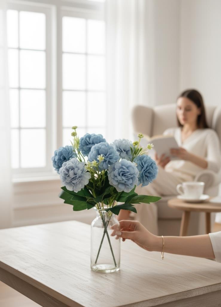 Yapay Çiçek Kartopu Krizantem Mavi Açık 5Dallı 10toplu Demet 30cm