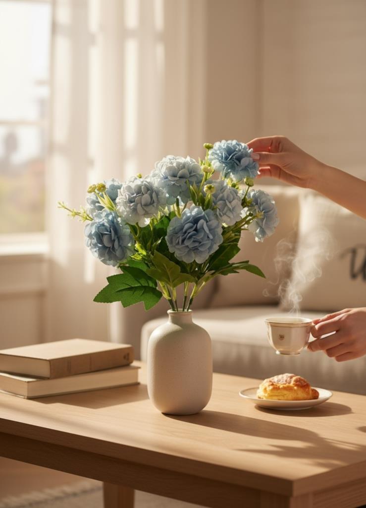 Yapay Çiçek Kartopu Krizantem Mavi Açık 5Dallı 10toplu Demet 30cm