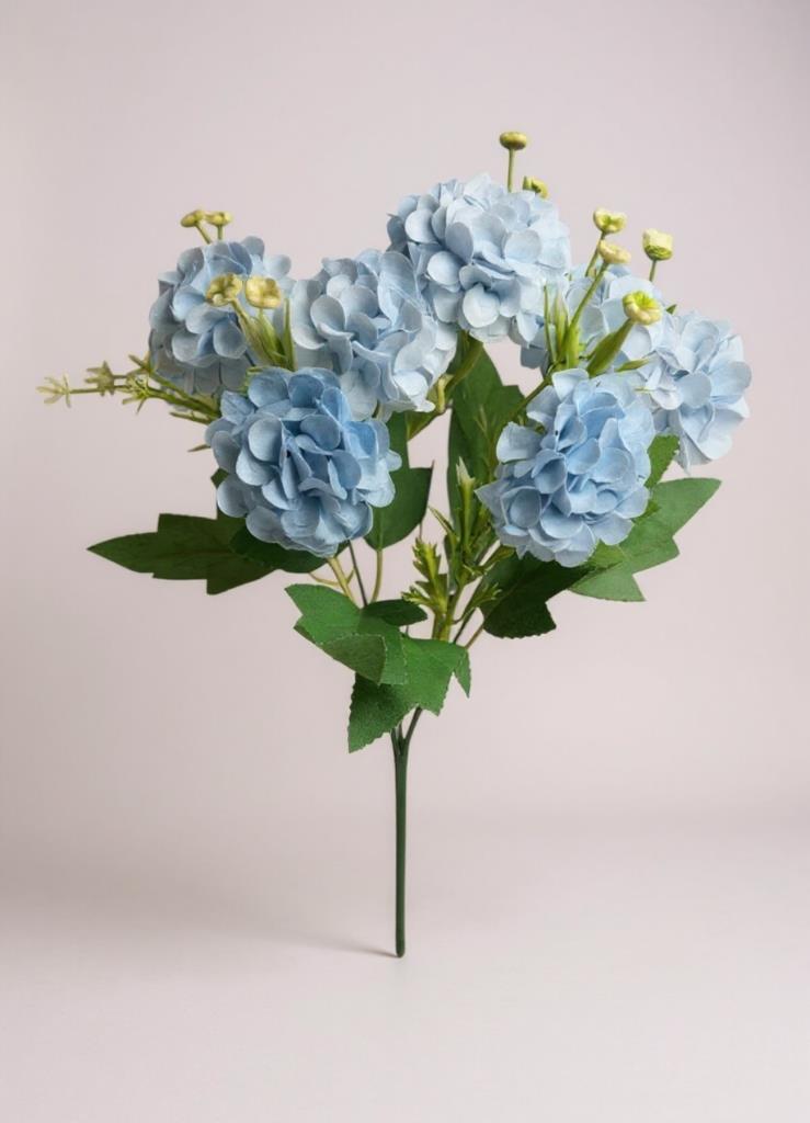 Yapay Çiçek Kartopu Krizantem Mavi Açık 5Dallı 10toplu Demet 30cm
