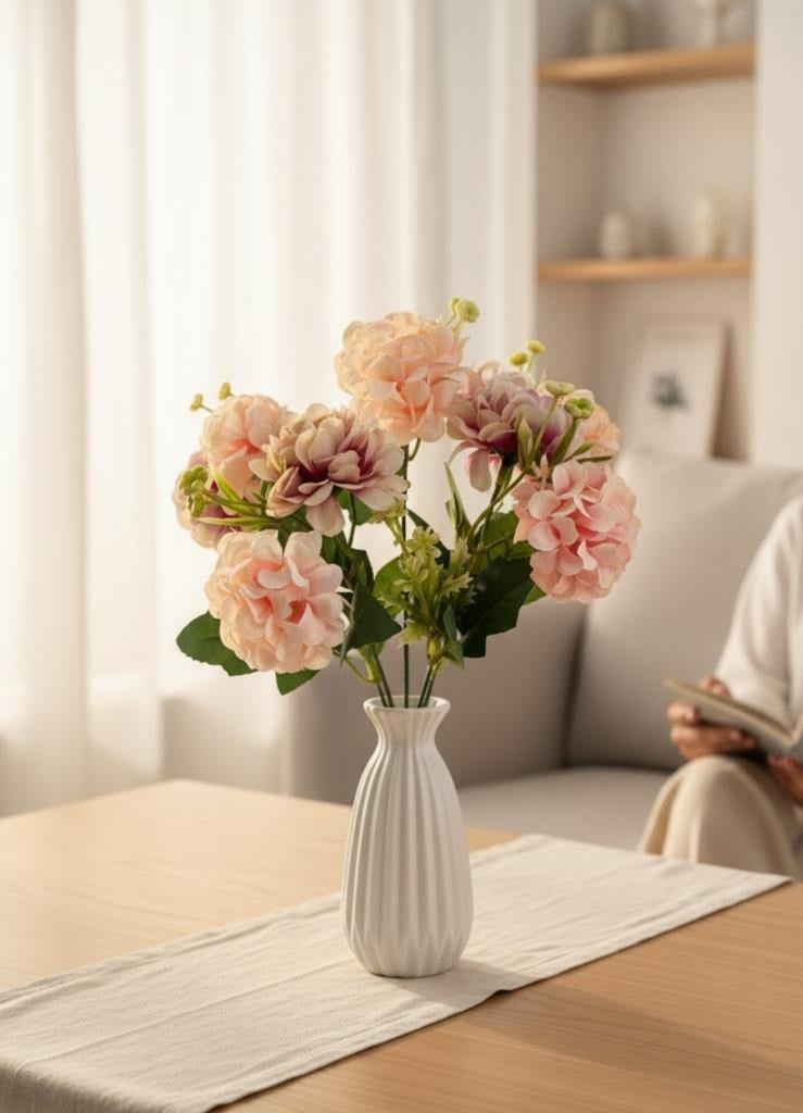 Yapay Çiçek Kartopu Krizantem Pudra Pembe 5Dallı 10toplu Demet 30cm