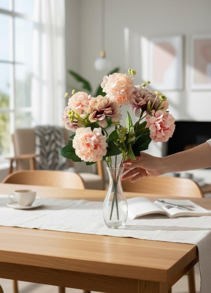 Yapay Çiçek Kartopu Krizantem Pudra Pembe 5Dallı 10toplu Demet 30cm