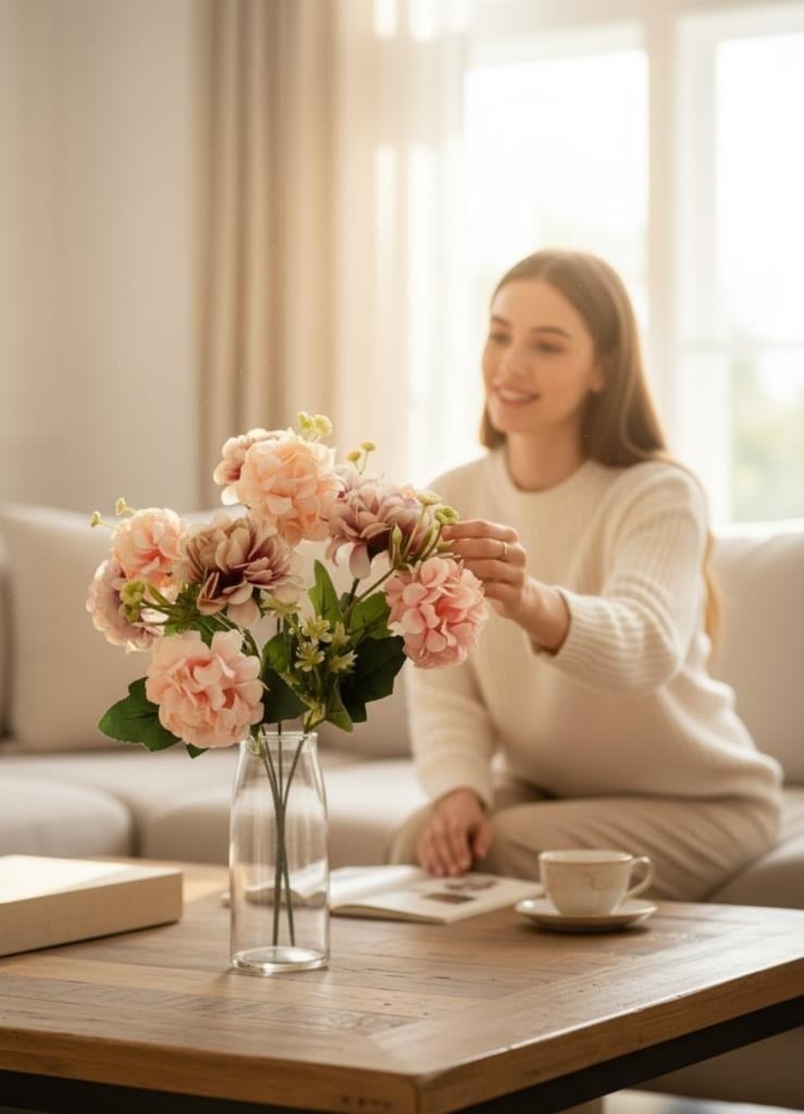 Yapay Çiçek Kartopu Krizantem Pudra Pembe 5Dallı 10toplu Demet 30cm