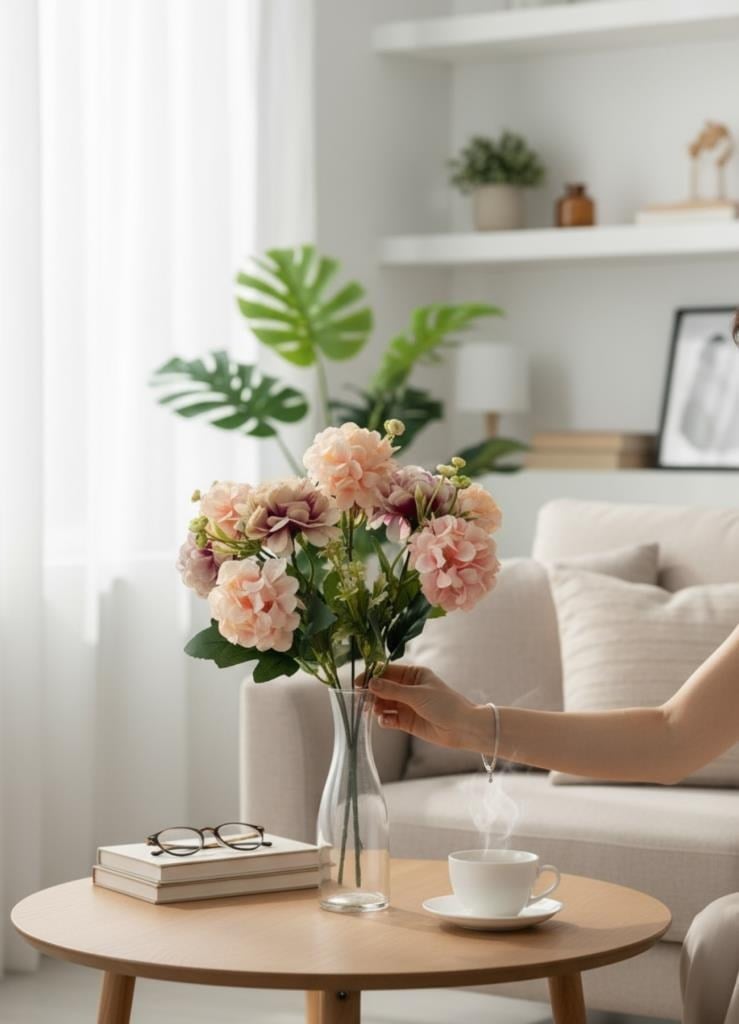 Yapay Çiçek Kartopu Krizantem Pudra Pembe 5Dallı 10toplu Demet 30cm