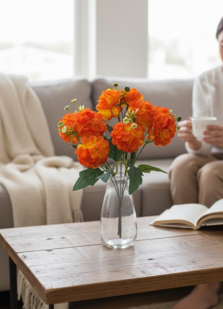 Yapay Çiçek Kartopu Krizantem Turuncu Somon 5Dallı 10toplu Demet 30cm