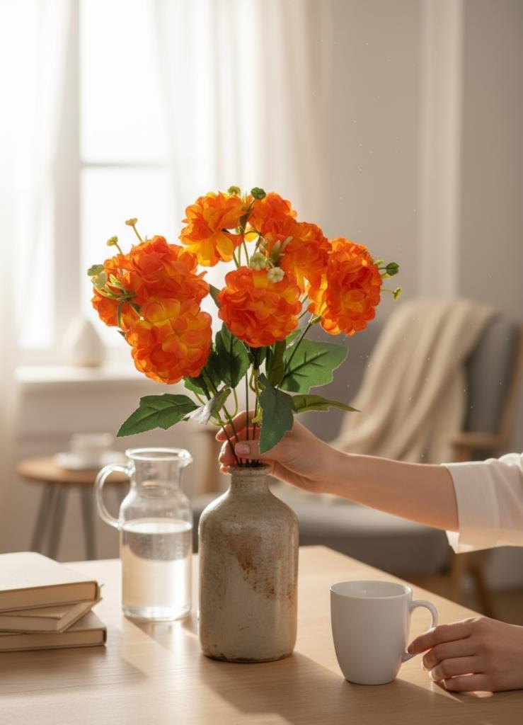 Yapay Çiçek Kartopu Krizantem Turuncu Somon 5Dallı 10toplu Demet 30cm