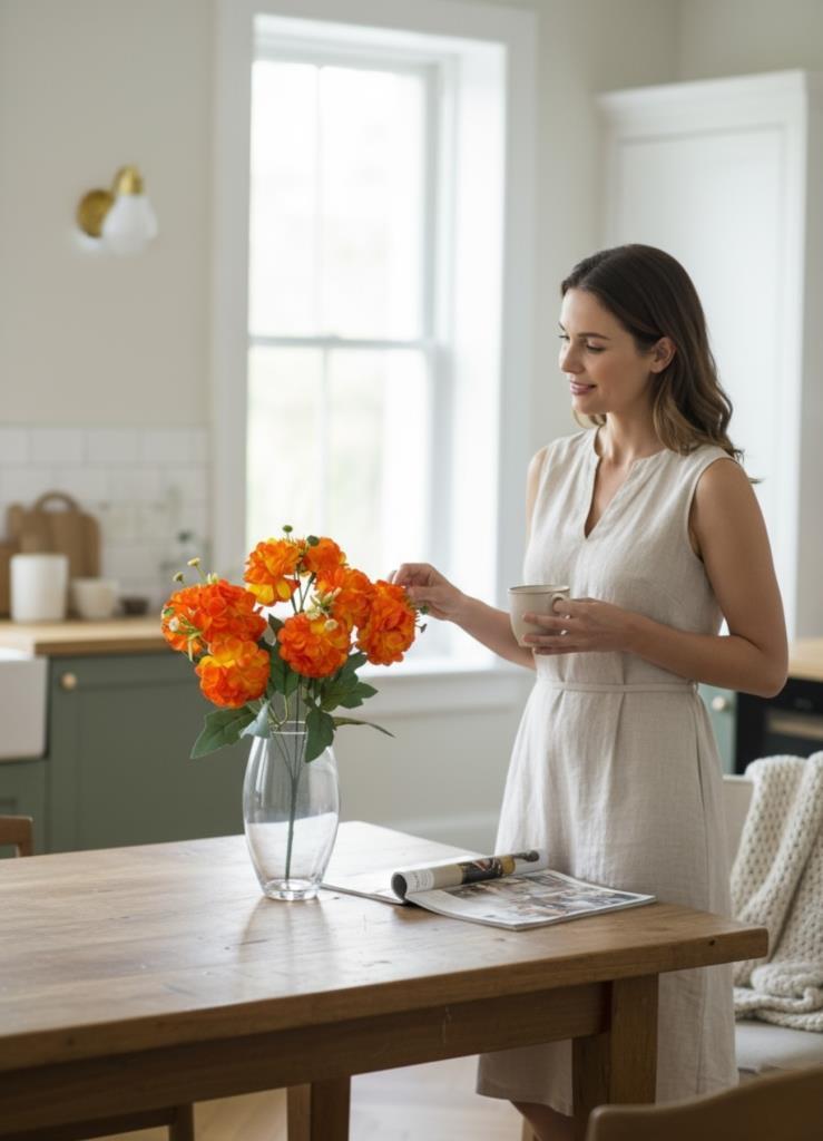 Yapay Çiçek Kartopu Krizantem Turuncu Somon 5Dallı 10toplu Demet 30cm