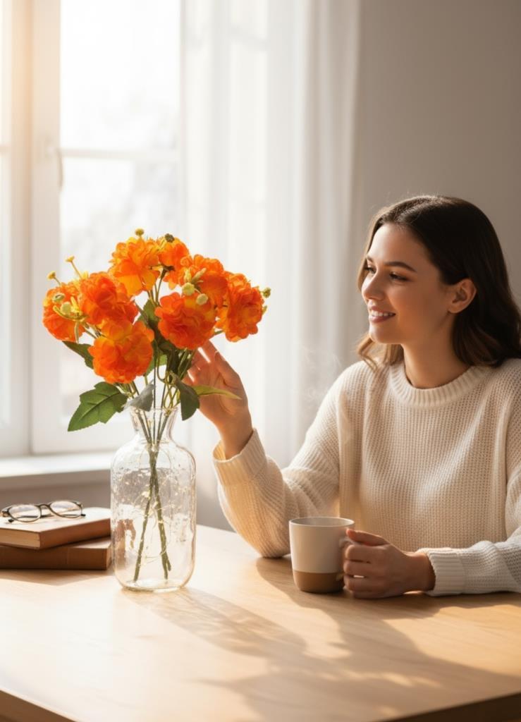 Yapay Çiçek Kartopu Krizantem Turuncu Somon 5Dallı 10toplu Demet 30cm