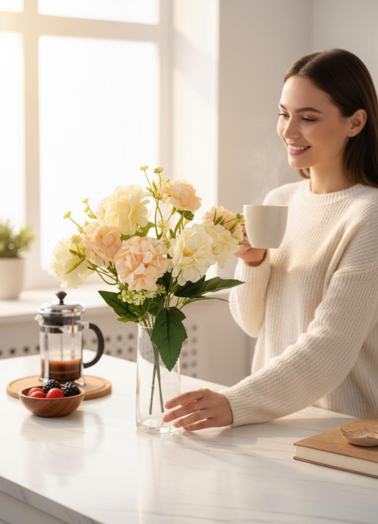 Yapay Çiçek Kartopu Krizantem Yavruağzı 5Dallı 10toplu Demet 30cm