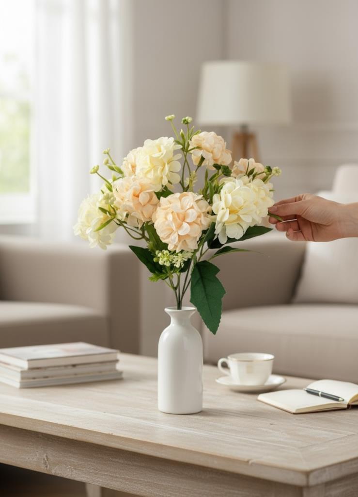 Yapay Çiçek Kartopu Krizantem Yavruağzı 5Dallı 10toplu Demet 30cm