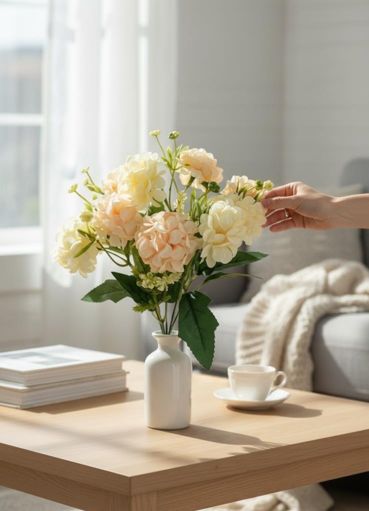 Yapay Çiçek Kartopu Krizantem Yavruağzı 5Dallı 10toplu Demet 30cm