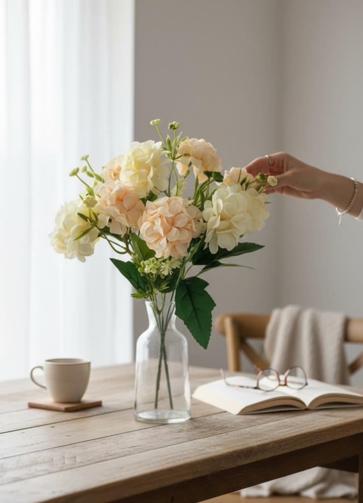 Yapay Çiçek Kartopu Krizantem Yavruağzı 5Dallı 10toplu Demet 30cm