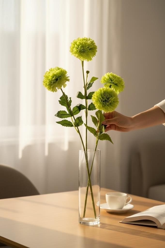 Yapay Çiçek Kasımpatı YEŞİL Uzun Dal 3 Çiçekli 77Cm
