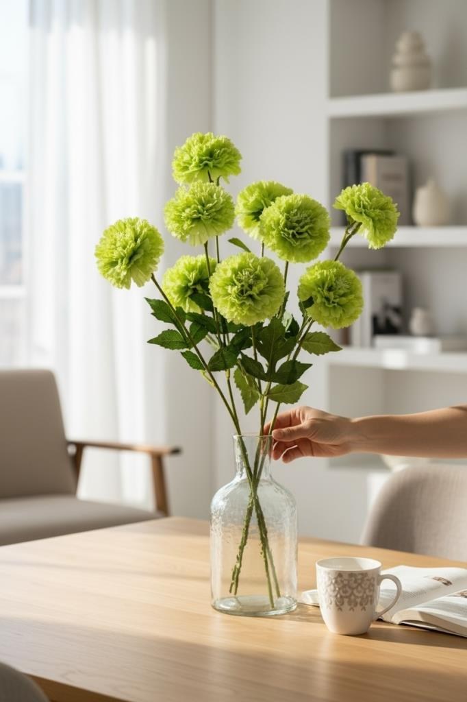 Yapay Çiçek Kasımpatı YEŞİL Uzun Dal 3 Çiçekli 77Cm