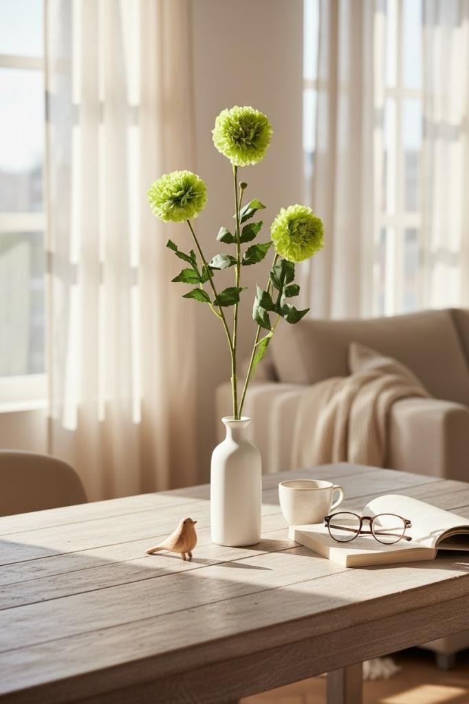 Yapay Çiçek Kasımpatı YEŞİL Uzun Dal 3 Çiçekli 77Cm
