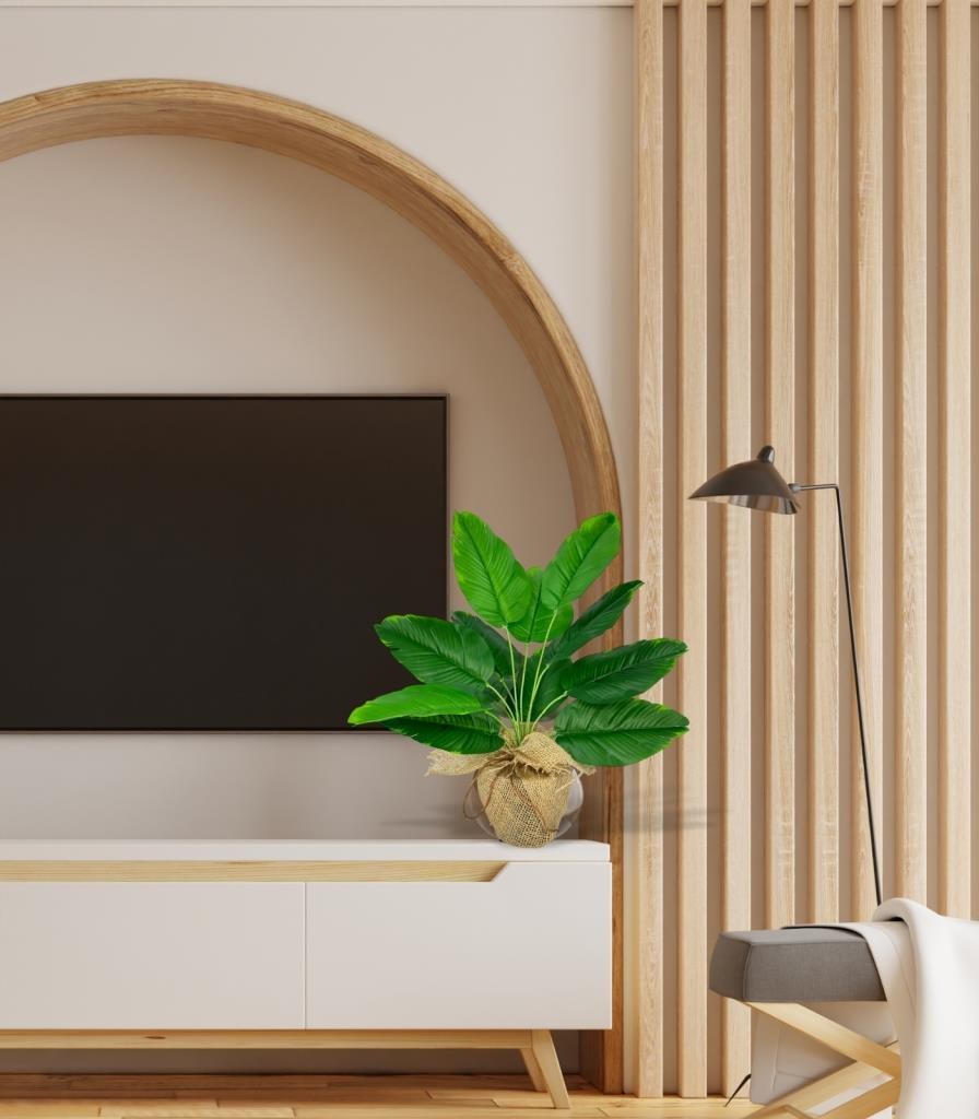 Yapay Çiçek Keten Hasır Saksıda Yeşil Muz Yapraklı 12Dal 50cm Salon Çiçeği Yapay Bitki