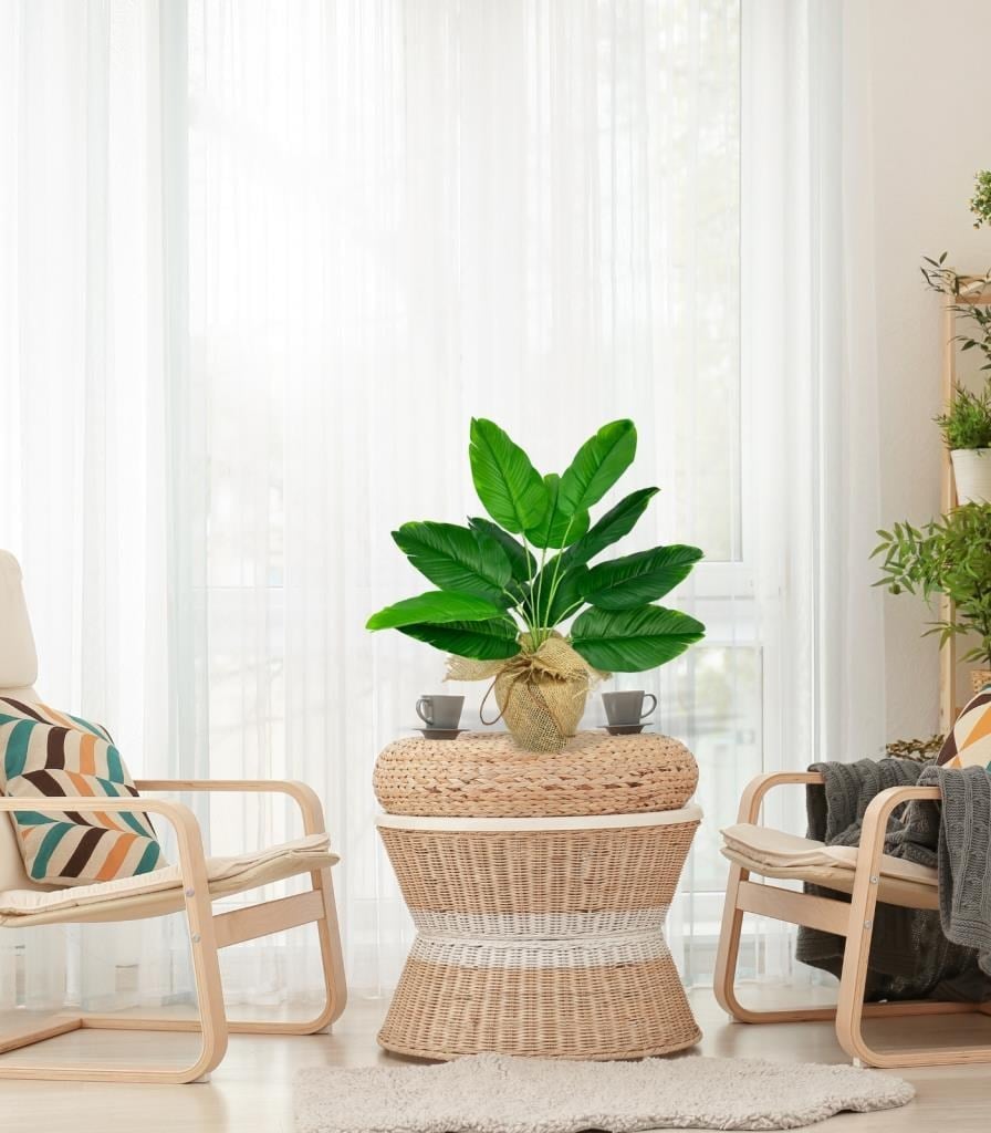 Yapay Çiçek Keten Hasır Saksıda Yeşil Muz Yapraklı 12Dal 50cm Salon Çiçeği Yapay Bitki