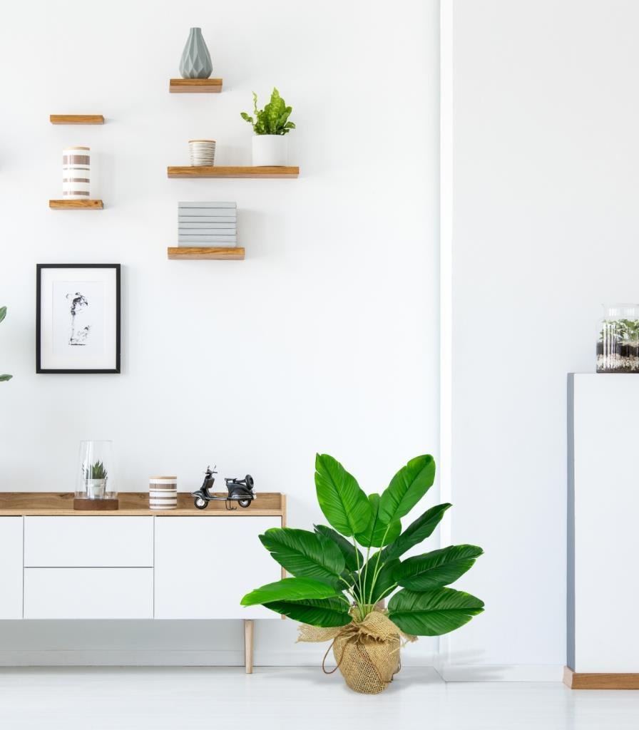 Yapay Çiçek Keten Hasır Saksıda Yeşil Muz Yapraklı 12Dal 50cm Salon Çiçeği Yapay Bitki