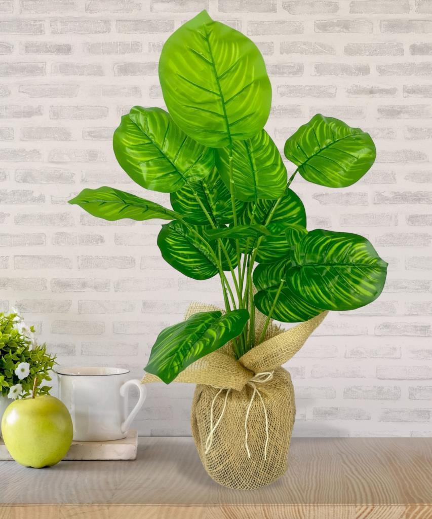 Yapay Çiçek Keten Saksıda Difenbahya Yeşil 12Dal 55cm Salon Çiçeği Yapay Bitki