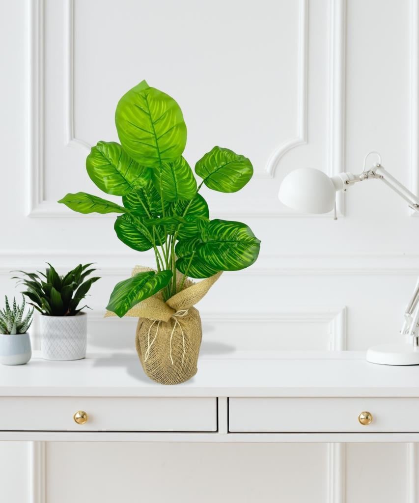 Yapay Çiçek Keten Saksıda Difenbahya Yeşil 12Dal 55cm Salon Çiçeği Yapay Bitki