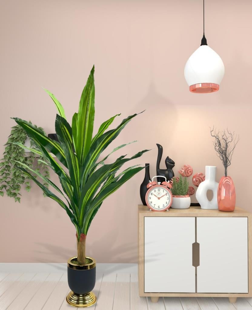 Yapay Çiçek Kılıç Yukka Ağacı 115cm Salon Bitkisi Siyah Gold Galvaniz Vazoda