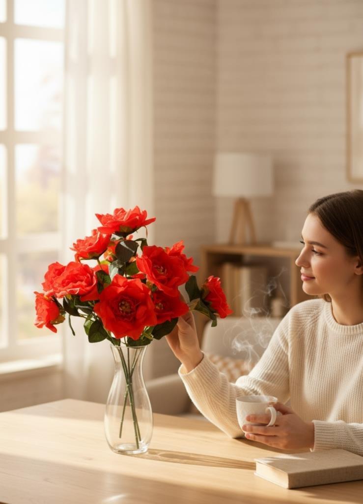 Yapay Çiçek Kırmızı 10lu Gül Demeti 40*30cm