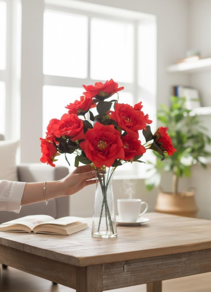 Yapay Çiçek Kırmızı 10lu Gül Demeti 40*30cm