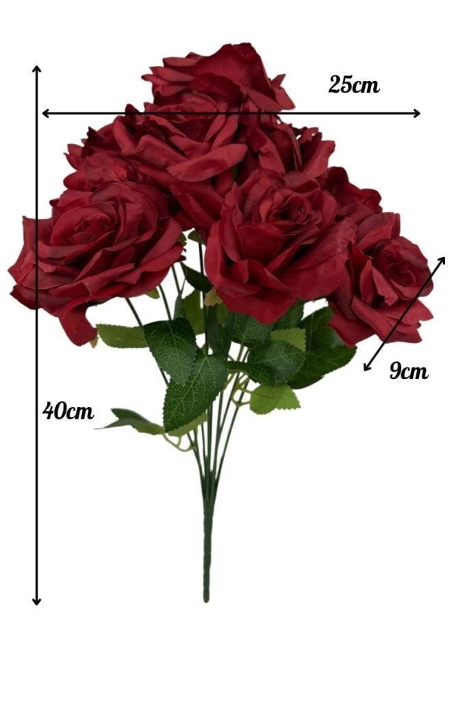 Yapay Çiçek Kırmızı 9lu Gül Demeti Kumaş 40*25cm