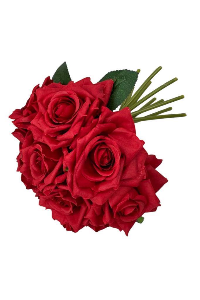 Yapay Çiçek Kırmızı Gül 10lu Demet Gelin Çiçeği Buketi Masa Üstü Vazo Çiçeği 25cm