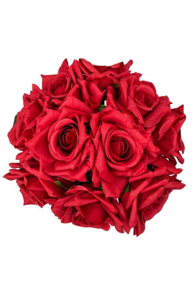 Yapay Çiçek Kırmızı Gül 10lu Demet Gelin Çiçeği Buketi Masa Üstü Vazo Çiçeği 25cm